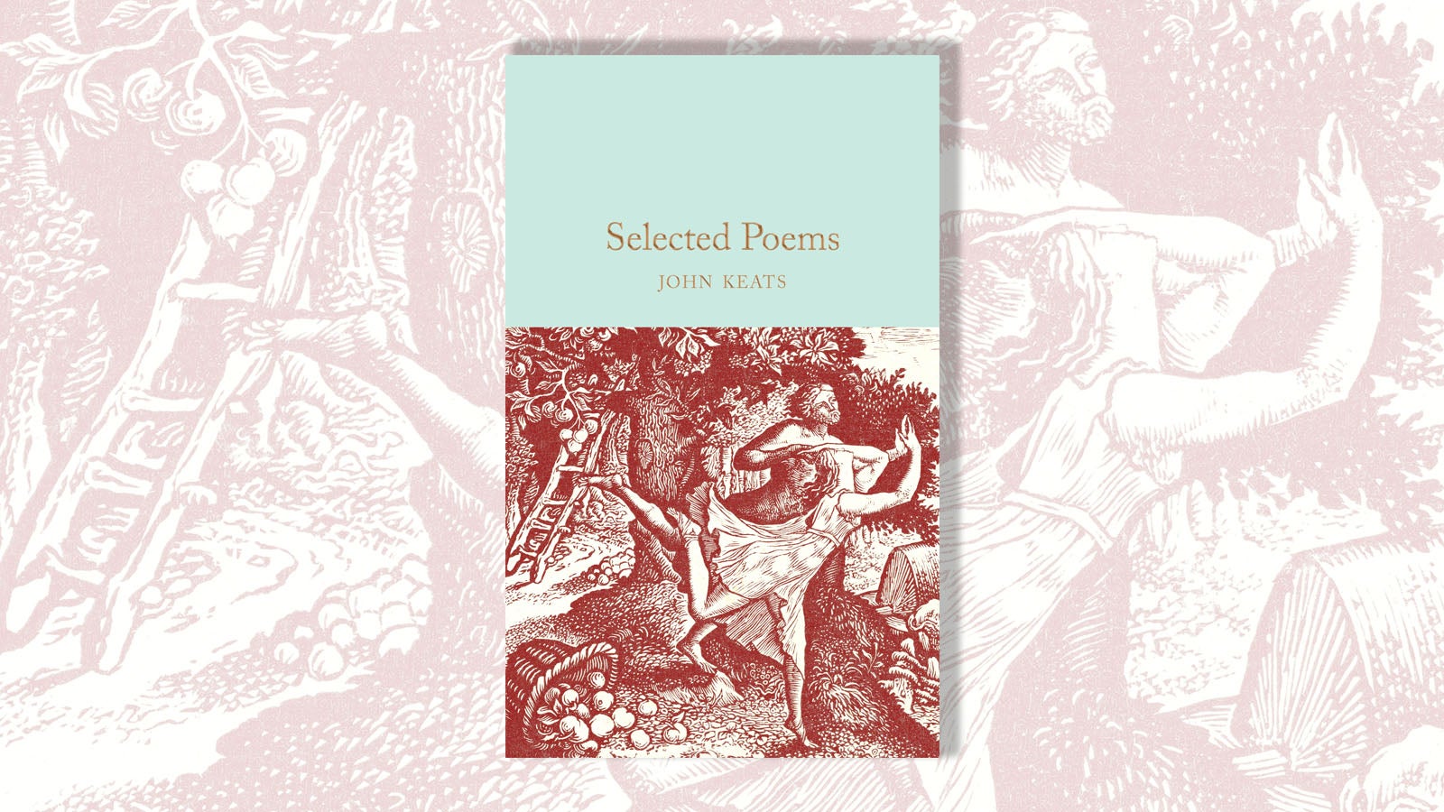 Book cover of John Keats's selected poems on the background of a woodland illustraton